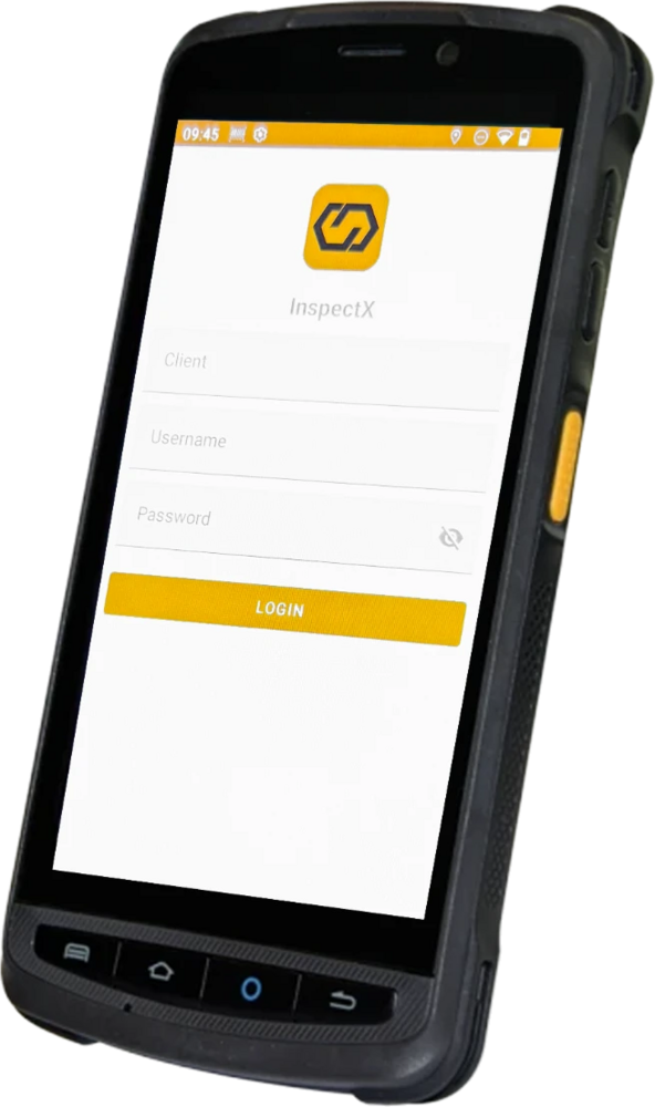 InspectX app login screen on a rugged handheld QR-code scanning device